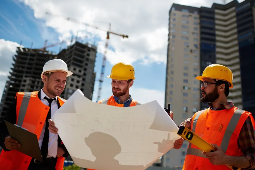 Development and construction team reviewing plans
